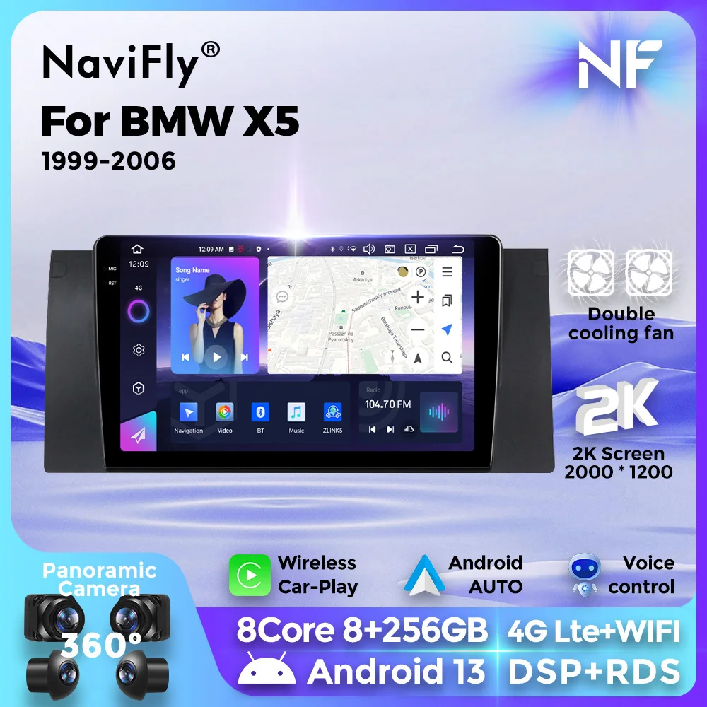 

Navifly 2K QLED Android Car Radio Multimedia Video Player GPS For BMW 5 E39 E53 X5 1999-2006 BT Carplay Auto intelligent systems