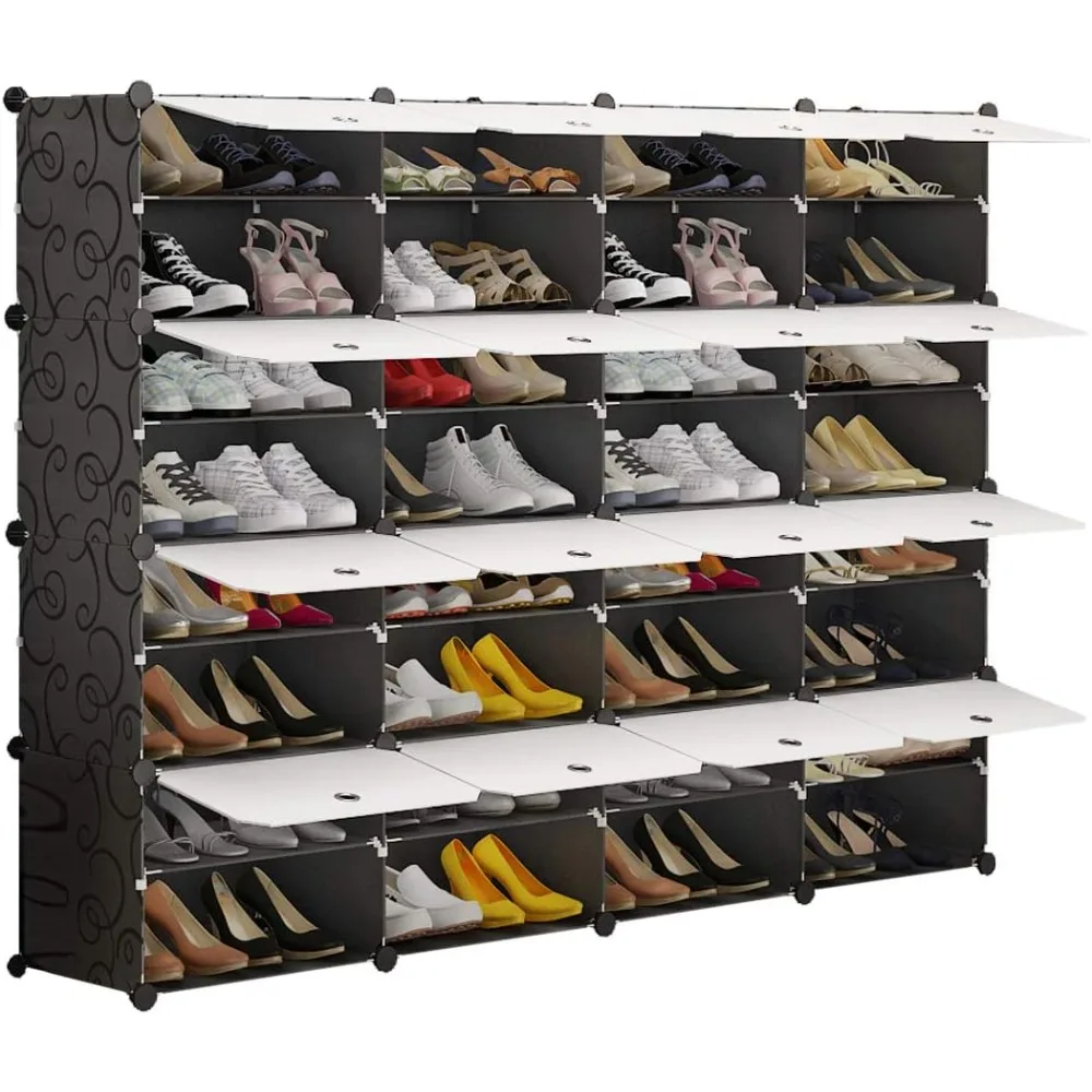 Portable Shoe Rack Organizer 64 Pair Tower Shelf Storage Cabinet Stand Expandable for Heels, Boots, Slippers， 8 Tier Black