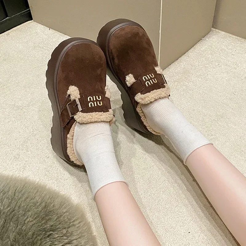 

Women's Platform High Heels Cotton Slippers Suede Mules Fur Warm Women's Cotton Slippers Winter Trend Snow Boots Zapatos Mujer