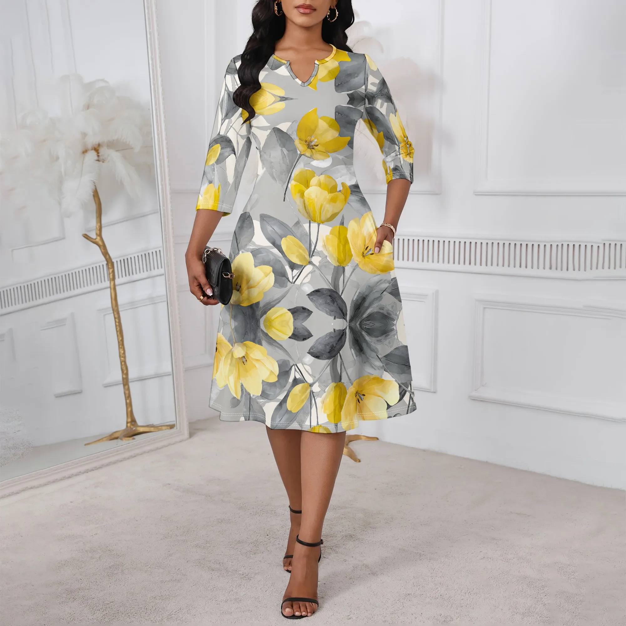 

Yellow Floral A-Line Dress XS-3XL 3/4 Sleeve Watercolor Style for Easter Sunday, Garden Party or Mother’s Day Church Look