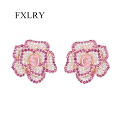 FXLRY Luxury s925 Silver Needle Flower Superflash Zircon Inlaid Camellia Earrings For Women Jewelry