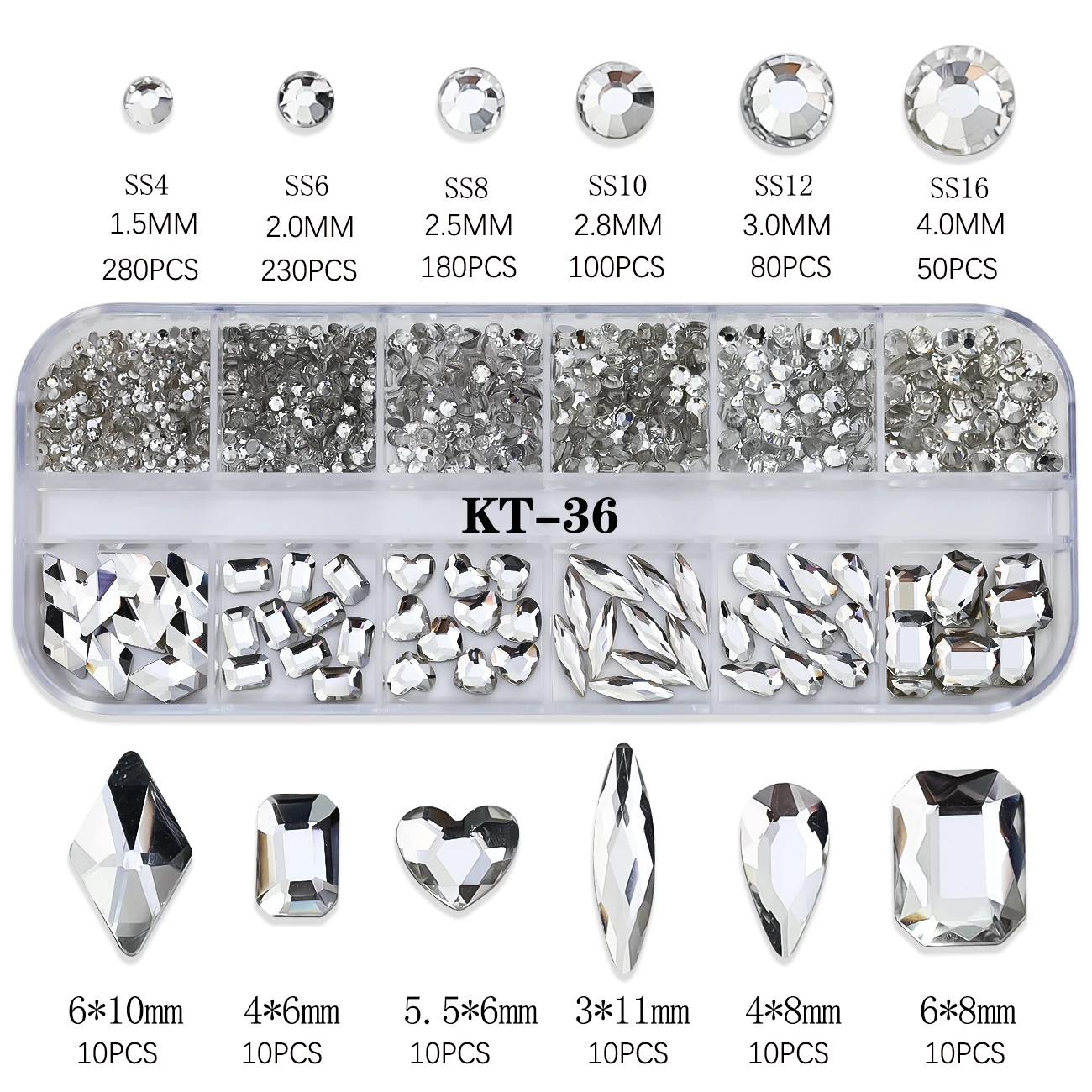 Strass pour ongles en cristal de forme mixte, 12 grilles, brillant, dos plat, diamant, pierre de verre, gemmes, breloque pour ongles, décoration pour Nail Art à faire soi-même