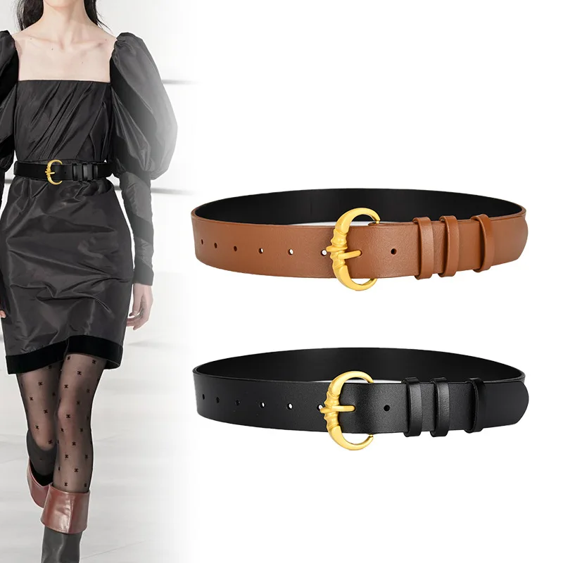 

New Belt Women's Genuine Leather Belt with Windbreaker Long Dress Needle Buckle Cowhide Vintage Belt