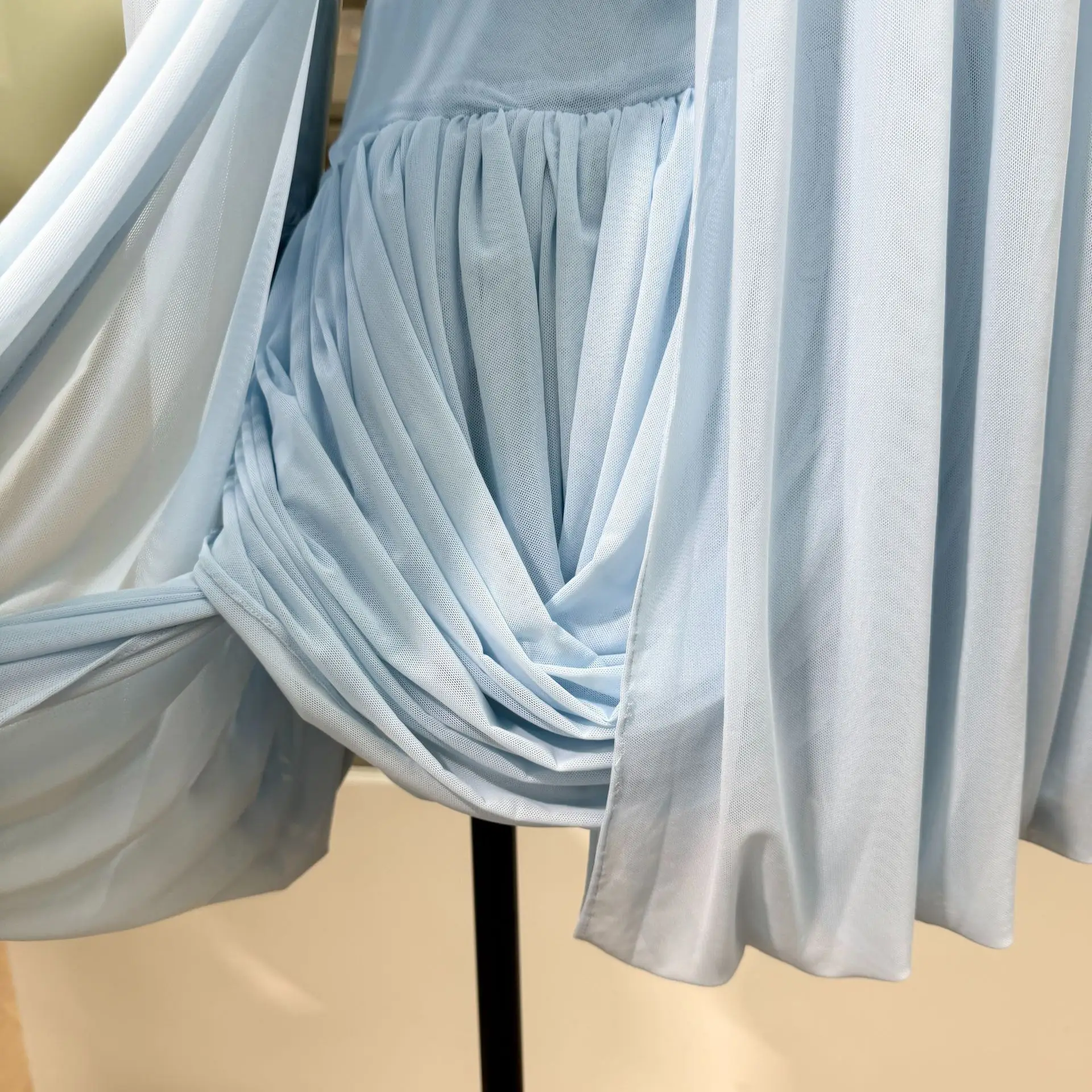 IEQJ Summer Irregular Blue Slash Neck Pleats Dress Women Long Sleeve Tight Waist Mini Dresses New 3A2052