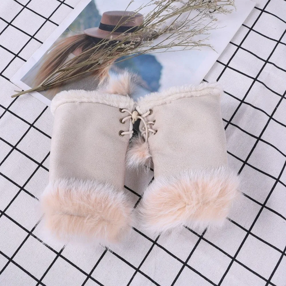 Faux Rabbit Hair Suede Leopard Print Gloves Thicken Warm Fingerless Mittens Windproof Soft Stretch Wrist Warmers Women
