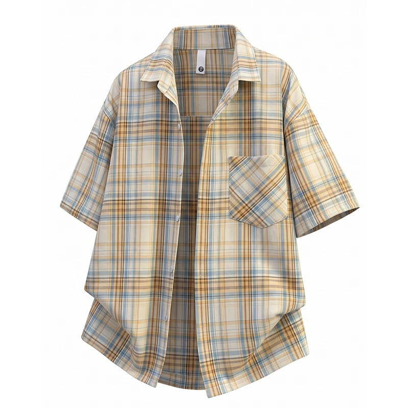 Summer Casual Plaid Shirts for Men Short Sleeve Youth Boy Clothing Japan Korea Style Plus Size 5XL Loose Simple Daily Work Shirt