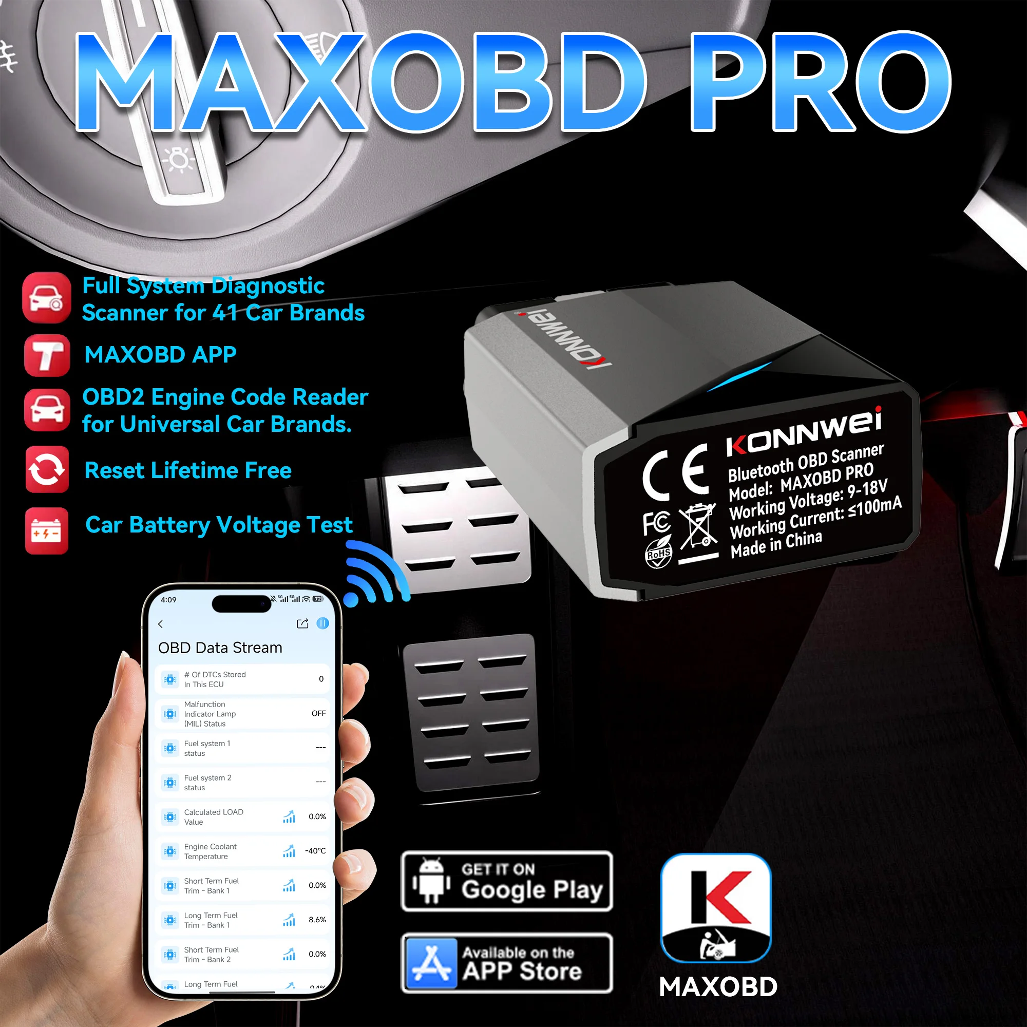 KONNWEi MAXOBD Pro OBD2 Car Diagnostic Tool Scanner All System Auto OBDII Scanner For 41 Car Brands Lifetime Free APP