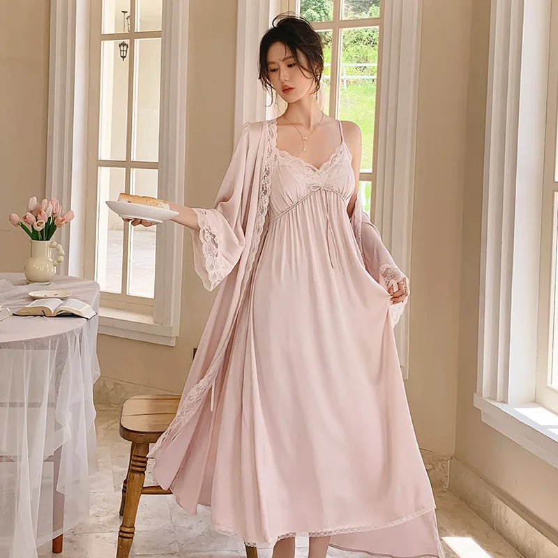 Women French Thin Style Sexy Two-Pieces Night Robe Lace V-Neck Spaghetti Strap Nightie Full Sleeves Loose Ice Silk Morning Robe