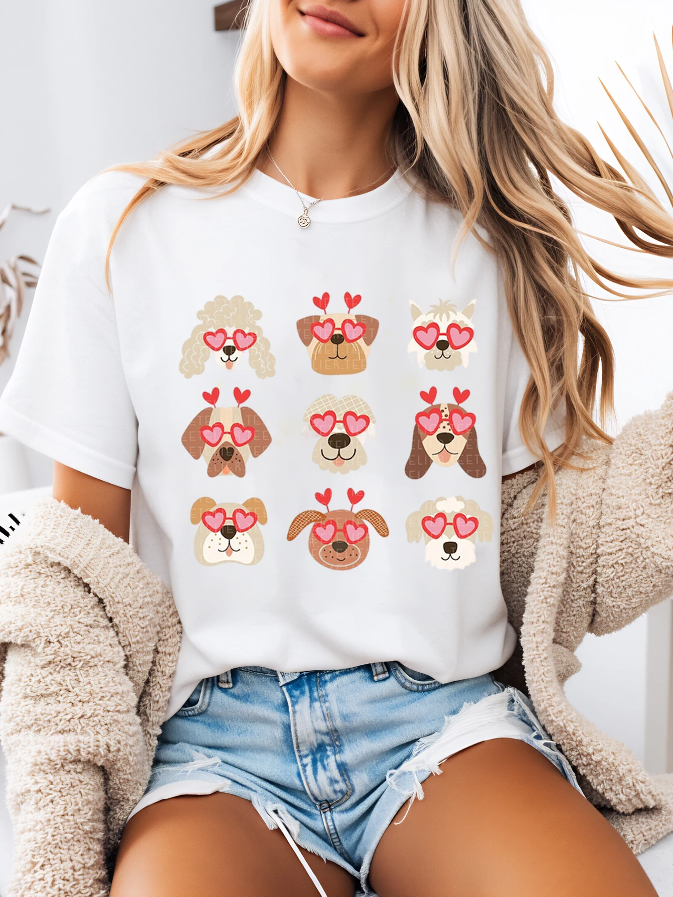 Dog Faces with Heart Eyes Valentine's Day T-Shirt Women Casual Wear White Plus-Size