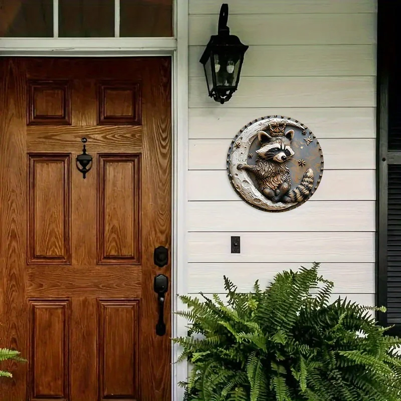 Aluminum Raccoon Metal Sign,HD Printed Waterproof Wall Decor for Home, Tavern, Circular Wreath Design with Crowned Raccoon Pet