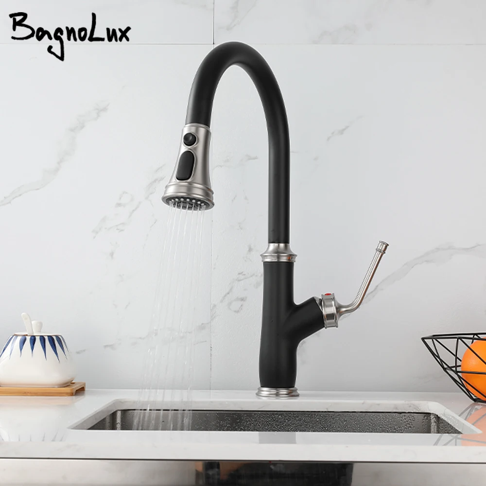 

Bagnolux Black Brass Three Function Single Handle Hot And Cold Water Crane Deck Mounted Kitchen Faucet Pull Out Mixer Tap