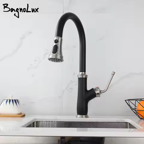 Bagnolux Black Brass Three Function Single Handle Hot And Cold Water Crane Deck Mounted Kitchen Faucet Pull Out Mixer Tap