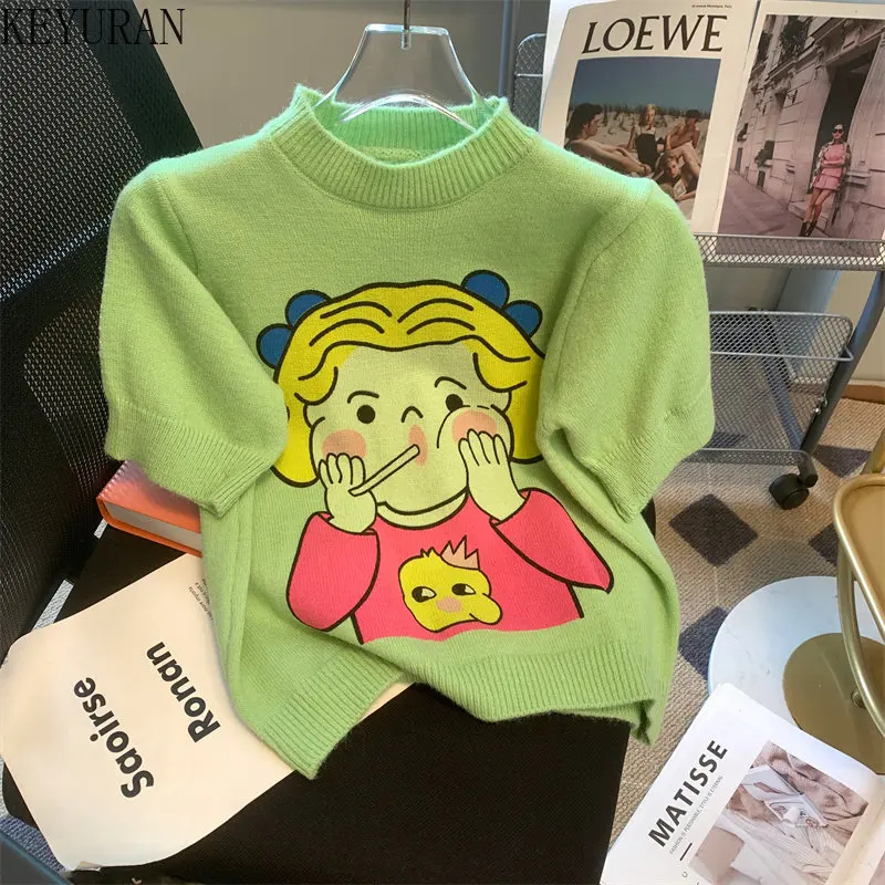 2023 Spring Summer New Pullover Sweater Women\'s Knitted T-Shirt Cute Cartoon Jacquard Short Sleeve Knitwear Tops Tees Jumper