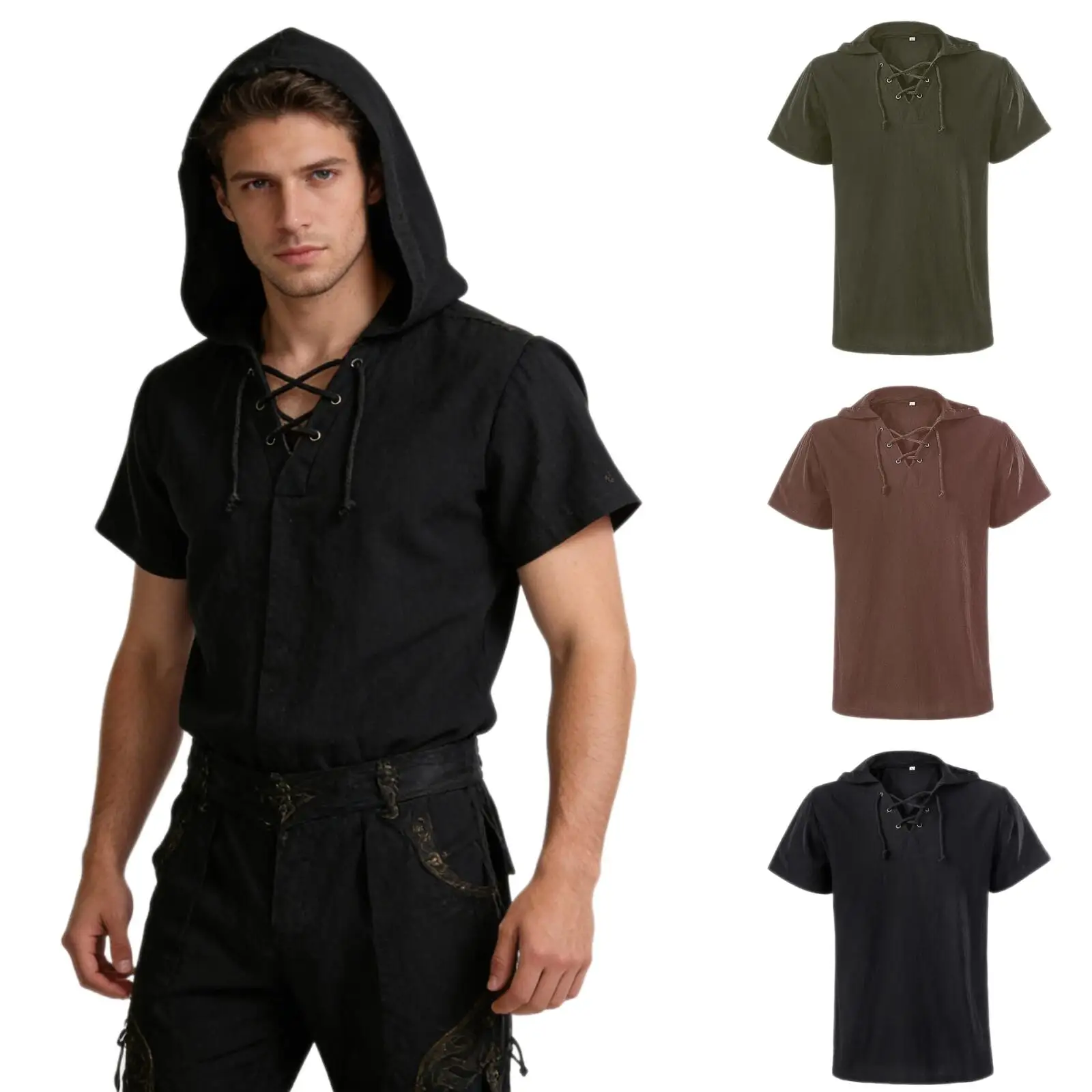 

Men's Renaissance Vintage Hooded Short Sleeve Lace Up Shirts Medieval Pirate Viking V-Neck T-Shirt for Halloween