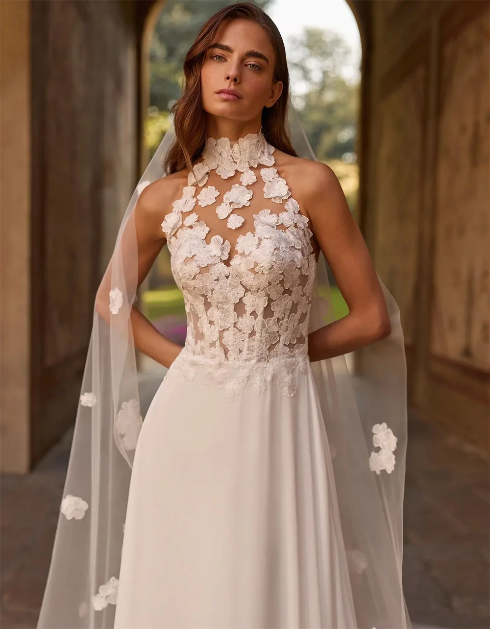 Vintage High Neck Chiffon Wedding Dresses Sleeveless Appliques  A-Line Bridal Gown vestidos de noche Sweep Train robe de mariée