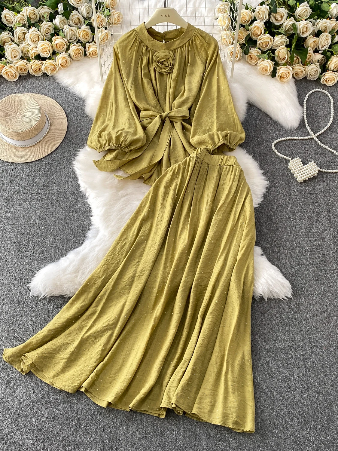 SuperAen الوردي ثلاثي الأبعاد زهرة س الرقبة الخصر الماس الأعلى الصيف عالية الخصر ألف خط تنورة طويلة قطعتين مجموعات