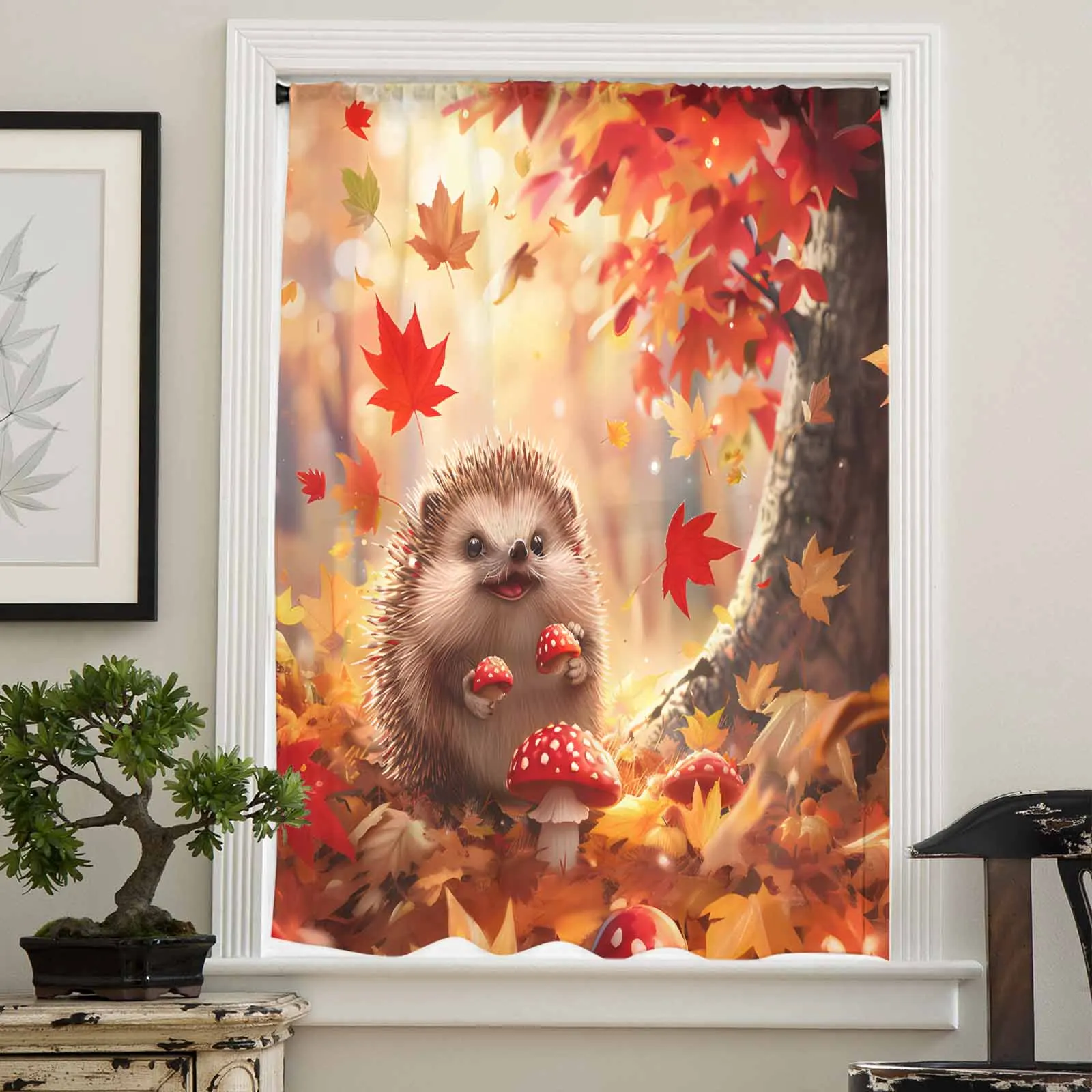 Autumn Maple Leaf Forest Hedgehog Mushroom Sheer Curtain Living Room Drapes Home Bedroom Voile Curtain Tulle Window Curtain