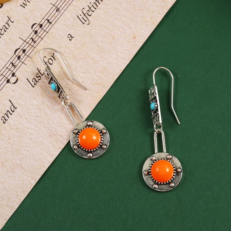 Bohemian Coral Color Drop Earrings Zinc Alloy Inlaid Synthetic Gems Pendant Vintage Hook Earrings Engagement Party Jewelry