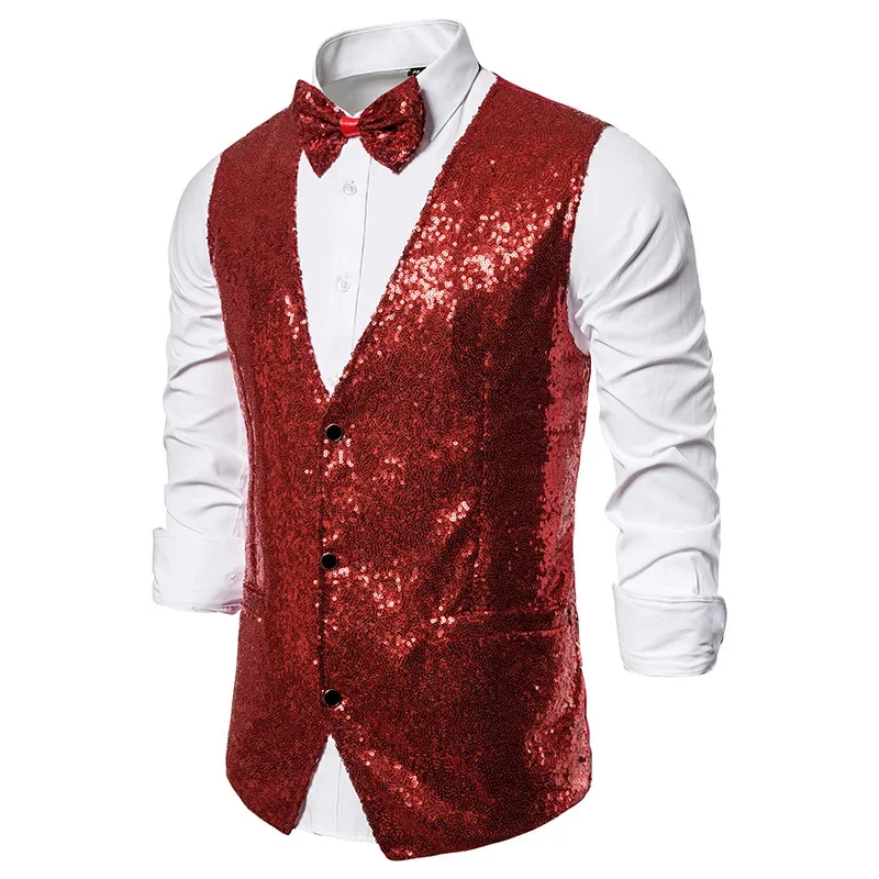 Shiny Green Sequin Sparkling Waistcoat Men Slim Fit V Neck 2 Pieces Mens Vest with Bowtie Wedding Party Stage Prom Costume Gilet