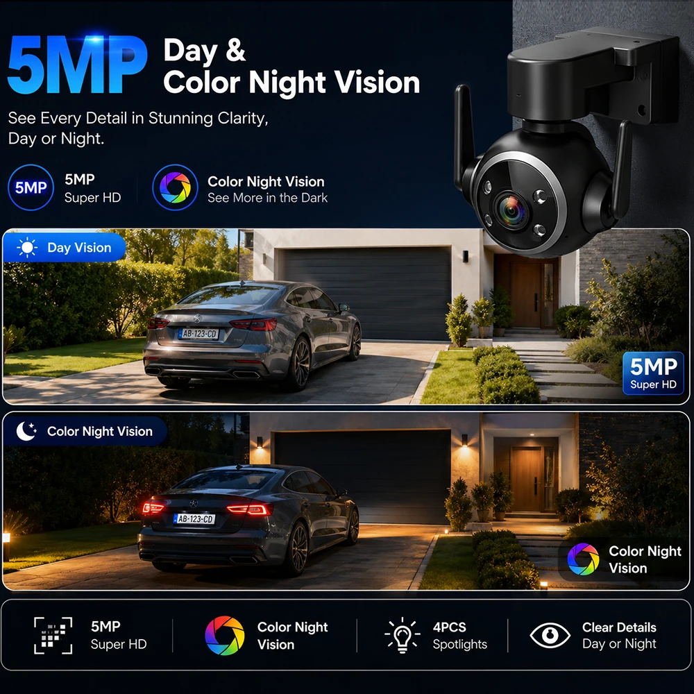 5MP Outdoor WiFi PTZ Surveillance Camera 5X Optical Zoom 2.4G/5G WiFi 2-Way Talk Spotlight Full Color Night Vision Auto Tracking
