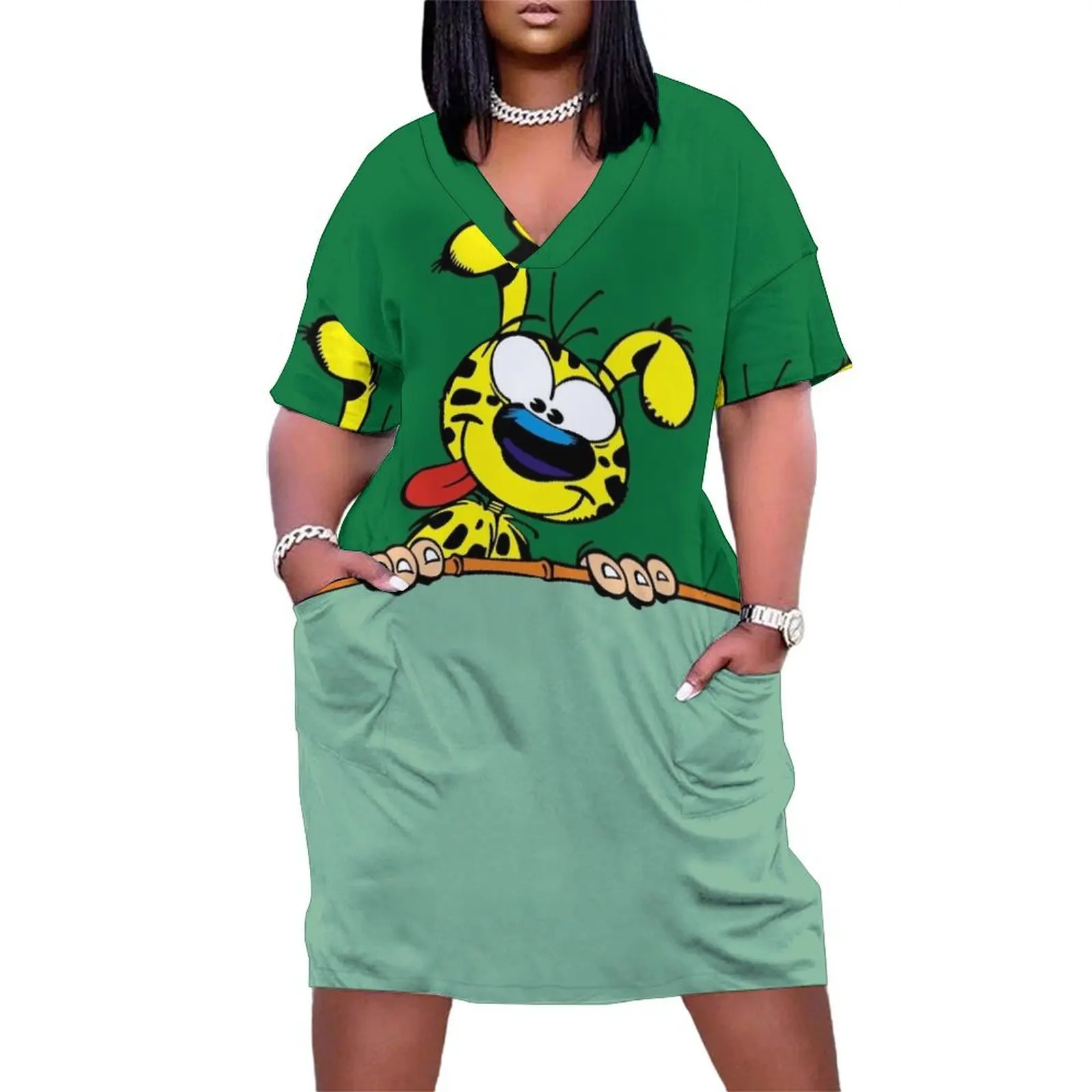 

Marsupilami with stick / Green Loose Pocket Dress women evening dress women's summer jumpsuit