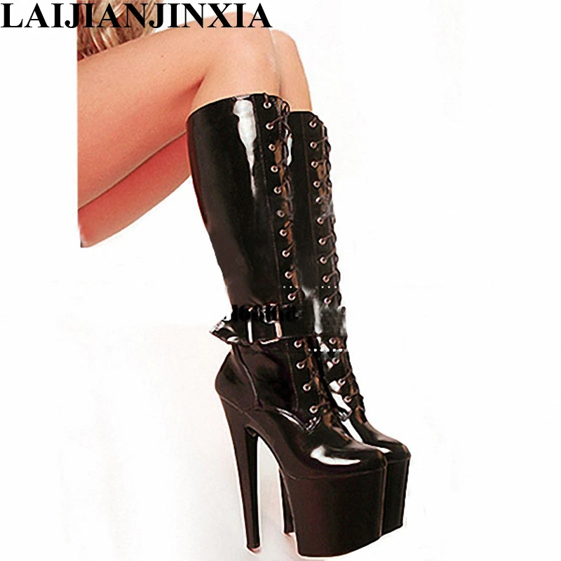 

Hot Sale Motorcycle Boots Fashion Big Size 8 Inch High Heel Boots Thin Heels Platform 20Cm Thigh High Boots Pole Dance Black New