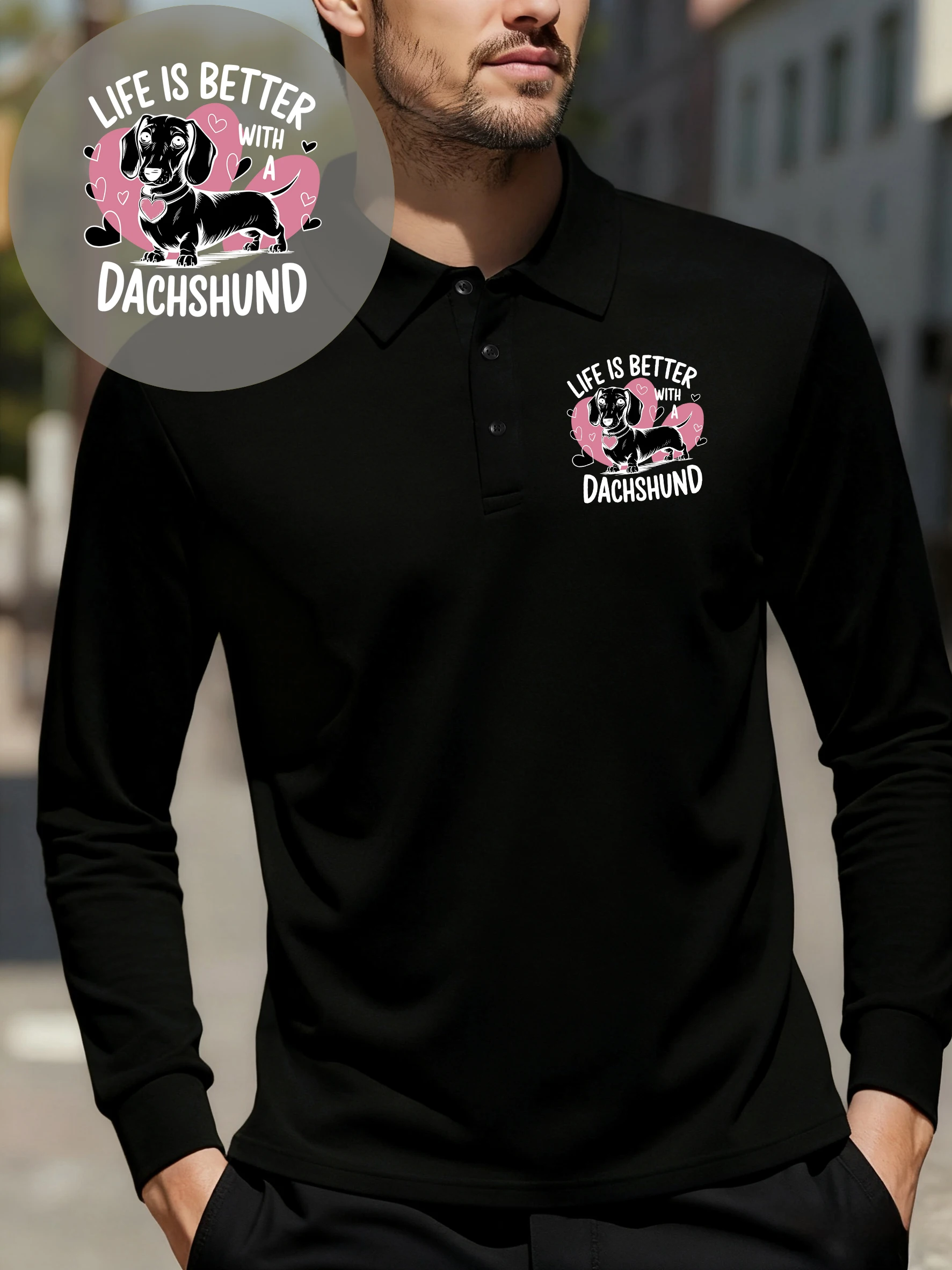 

Life Is Better Розовые футболки с рисунком собаки из мультфильма Мужские осенние деловые рубашки-поло Свободные культурные топы Флисовые повседневные футболки с длинным рукавом