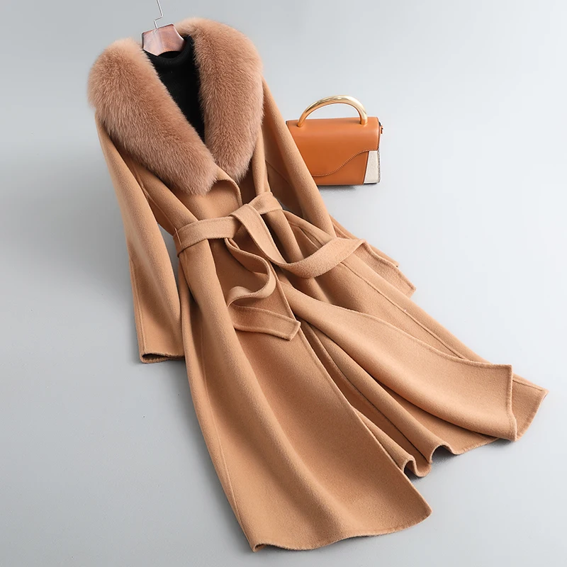 

ZDFURS*2022 Slimming New Double-Faced Woolen Cashmere Coat Women's Mid-Length Real Fox Fur Collar Woolen Coat Belt Slim Fit