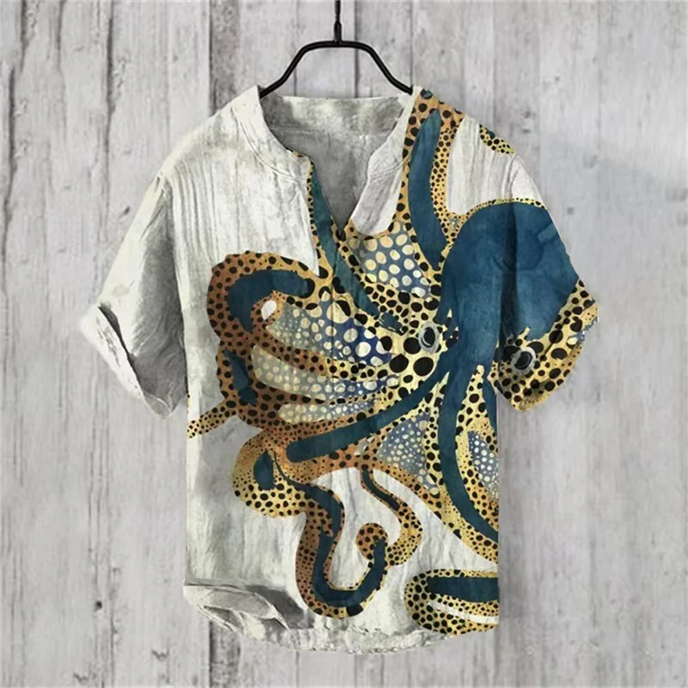 New Fashion Harajuku V-neck Casual Men's Shirt Octopus 3D Printed Summer Short Sleeve Men's Shirt Camisas Casuais