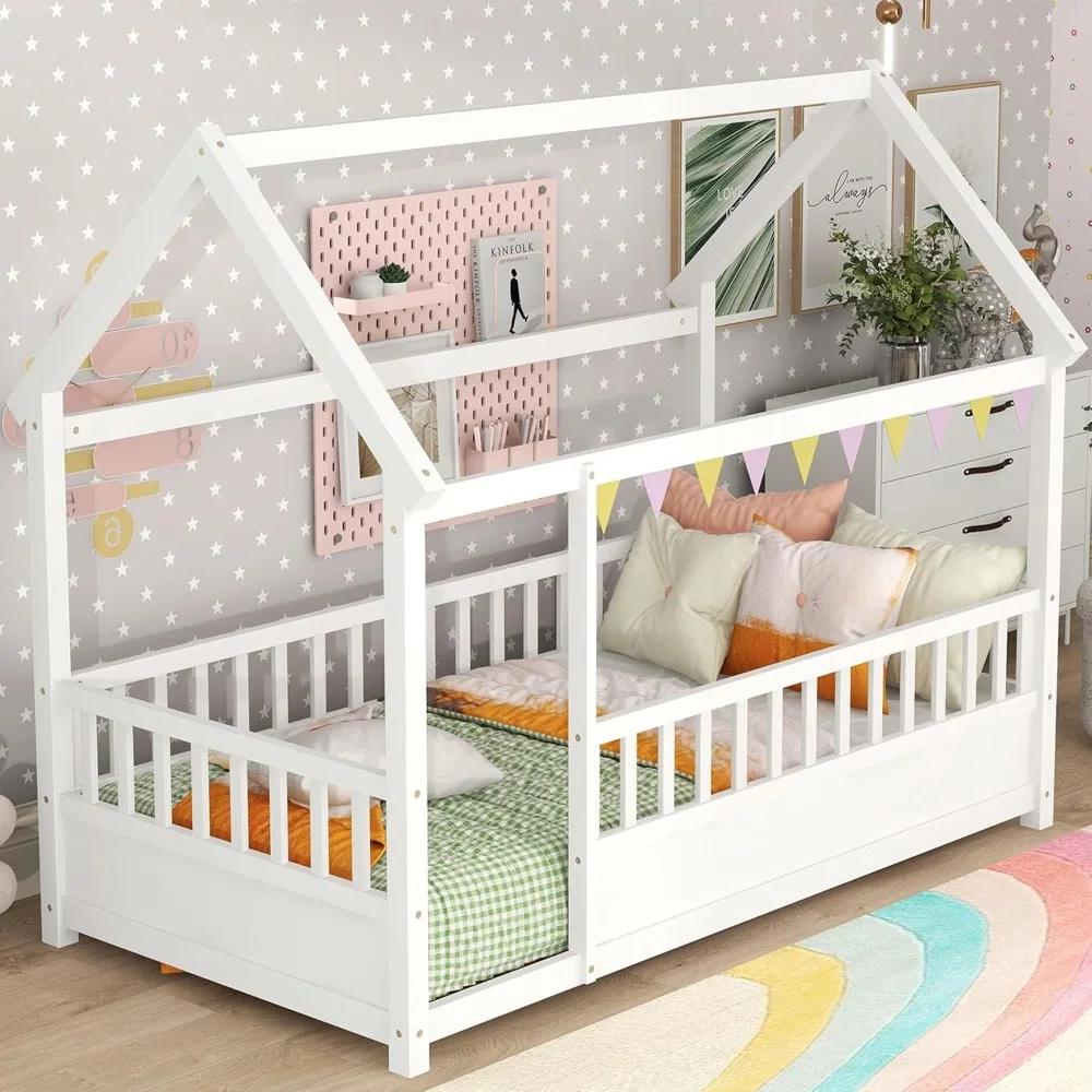 

Kids Montessori Bed Twin Size, Twin Floor Bed with High Fence, House Beds for Kids, Girls, Boys, Wood Montessori Floor Beds With