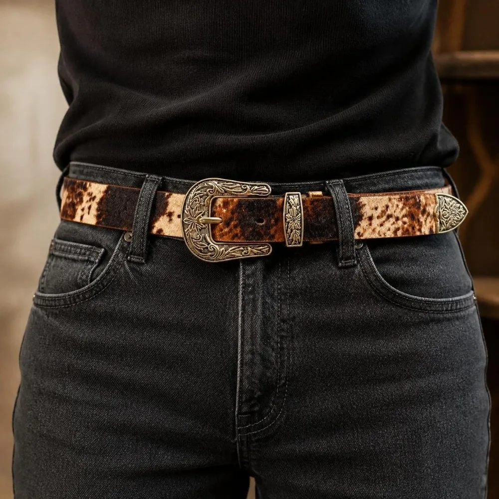 Casual PU Leather Western Cowboy Belt Adjustable Vintage Waist Belt Alloy Buckle Cow Print Belt For Jeans
