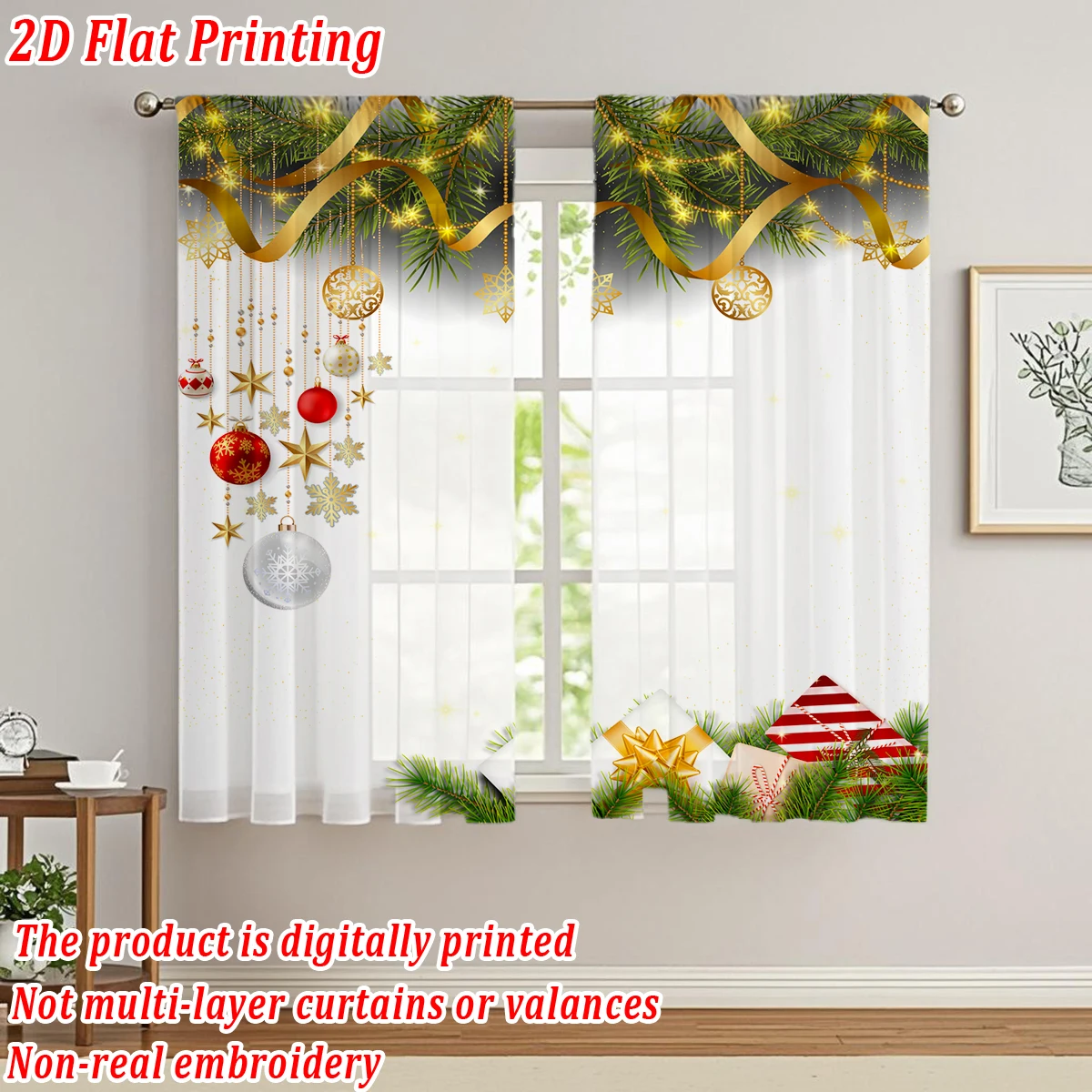 ستارة شفافة للمطبخ بطباعة مسطحة لعيد الميلاد مع زخرفة فرع كرة عيد الميلاد من الصنوبر لحفلات ديكور المنزل في عيد الميلاد