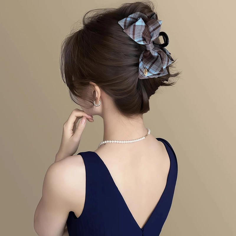 韓国風スクールチェック柄リボンヘアクリップ レディース エレガントアップスタイル シャーククリップ ヘアアクセサリー