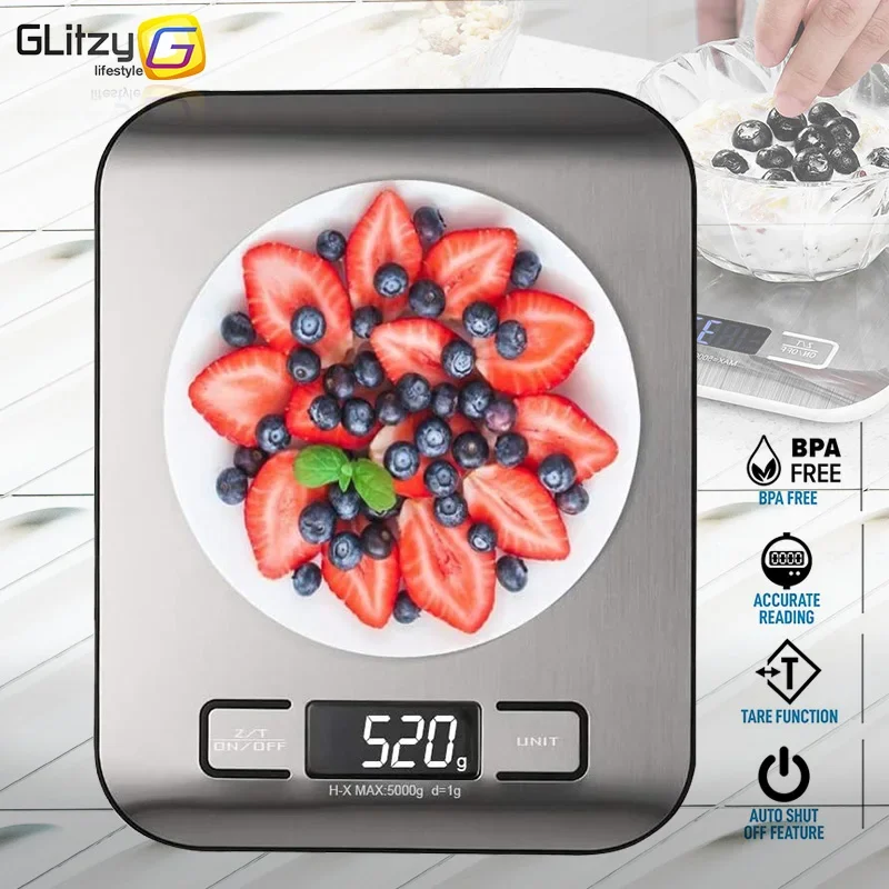 

Digital Kitchen Scale 5kg/10kg Food Multi-Function 304 Stainless Steel Balance LCD Display Measuring Grams Ounces Cooking Baking