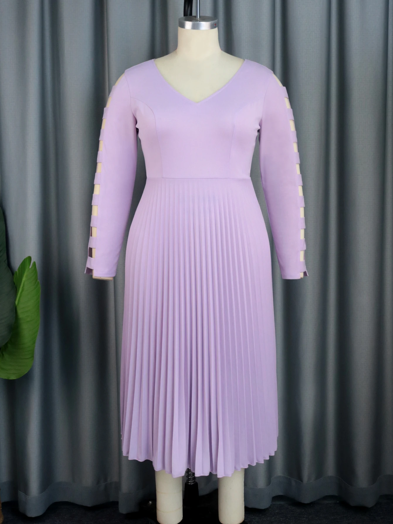 Light Purple Dresses Plus Size 4XL V Neck Long Sleeve A Line High Waist Pleated Casual Office Daily Party Midi Outfits for Women