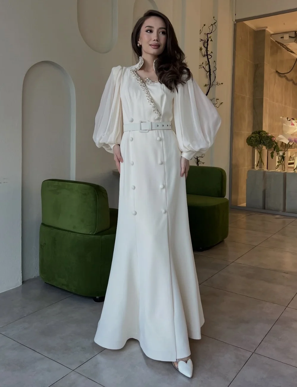 

Customized Exquisite Jersey Pleat Sash Button Trumpet V-neck Long Dresses Bespoke Occasion Evening Matching High Quality