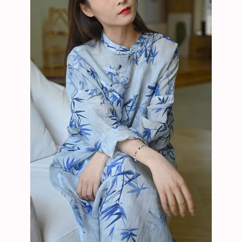 Wiosna Lato Chiński Styl Damska Sukienka z Rękawami Nietoperzowymi Luźna Długa Sukienka Vintage Nadruk Bawełna Len Sukienka w Linii A Dobra Jakość JM07