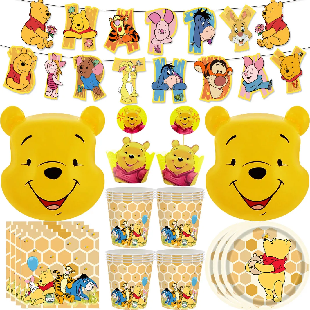 

Disney winnie the pooh theme happy birthday party disposable tableware paper plate cup for baby boy girl favor party decoration
