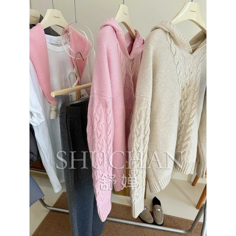 

100 Cashmere Cashmere Thickened Twist Sweater Loose Lazy Style Pullover and Thickened Knitted Hoodie women