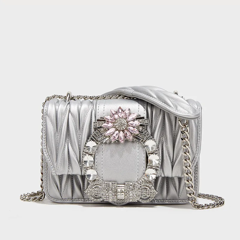 Fashion Pleated Textured Leather Square Bag Women's Handbag Crystal Shiny Diamond Luxury Clutch Purse Shoulder Crossbody Bag