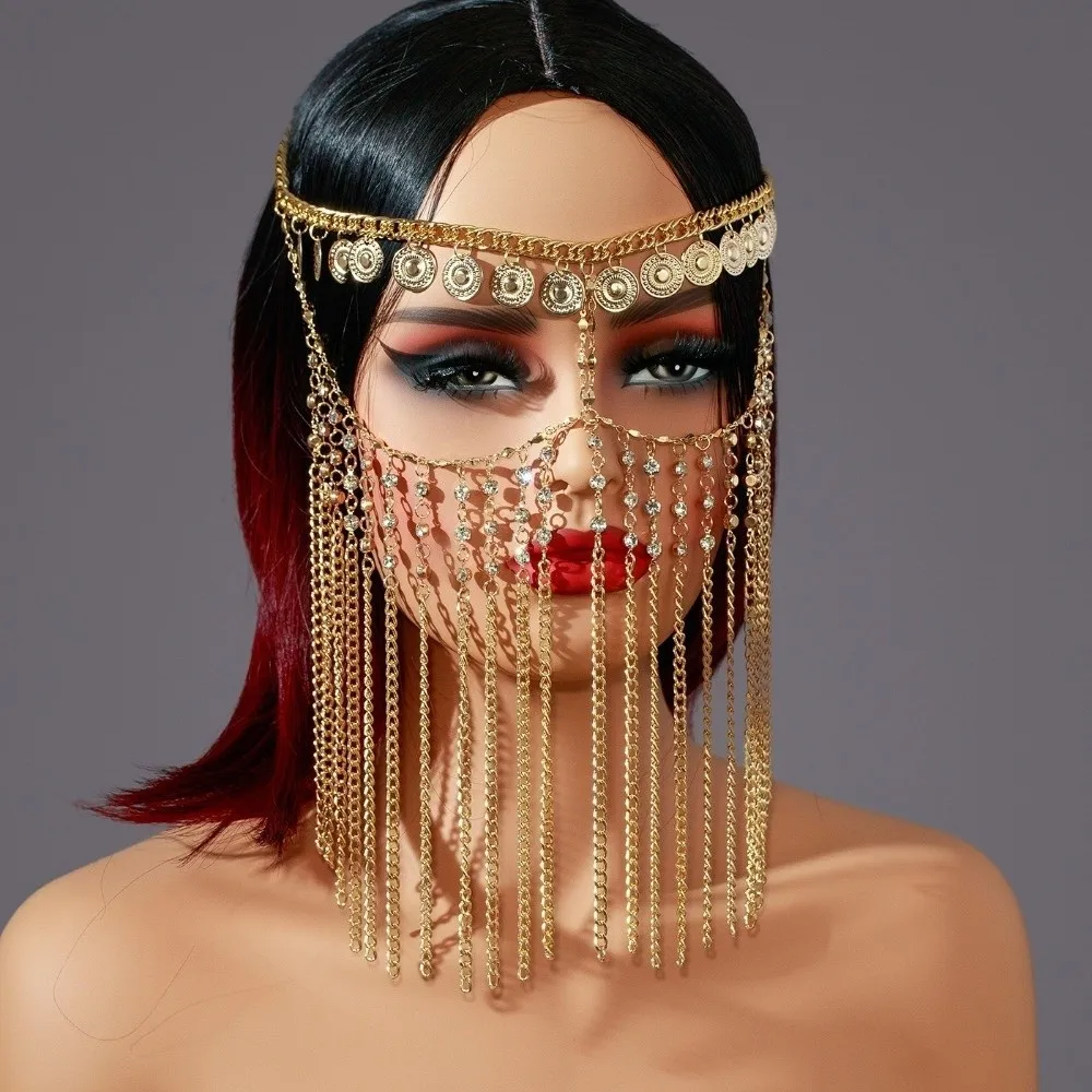 Pièce de monnaie de luxe cloche danse du ventre visage voile strass or rideau tête chaîne Style ethnique Cosplay bandeau mascarade masque femmes
