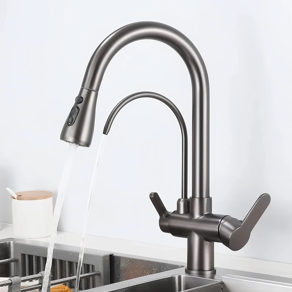 

Modern Triple Function Brass Faucet Single Hole Pull Out Kitchen Faucet with Filter