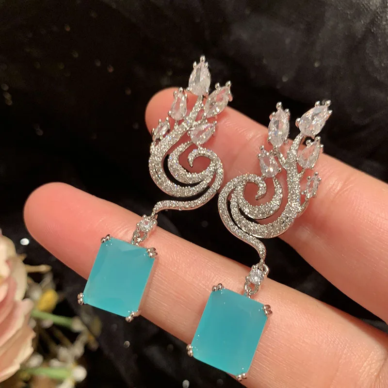 Peacock Flower Super Sparkling S925 Silver Needle Elegant and Sweet Leaf Frosted Sea Blue Square Earrings