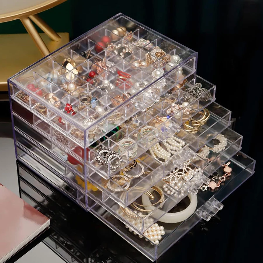 Transparent Drawer Jewelry Storage Box for Earrings, Studs, Necklaces, Bracelets, Bangles, and Rings