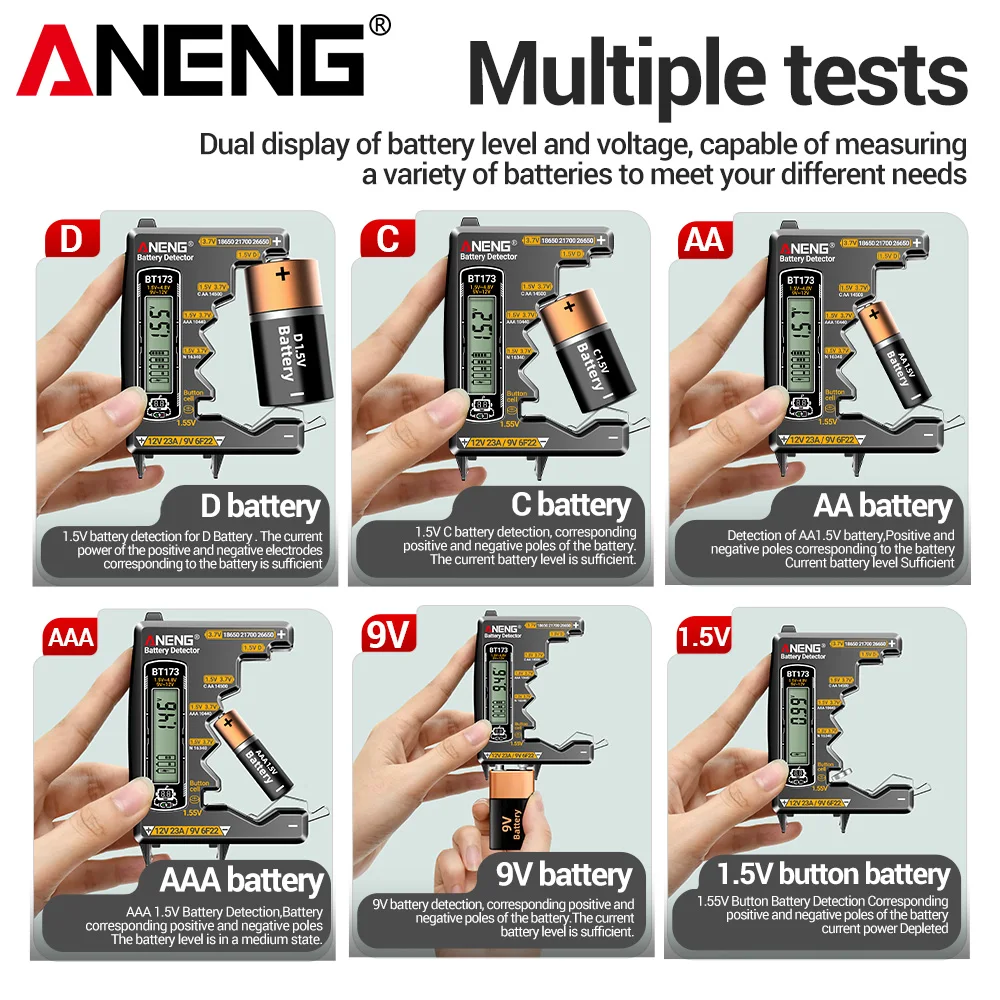 Testador detector de bateria aneng bt173, testador de bateria c d aa aaa 9v, botão de célula universal, tela dupla, ferramentas de teste