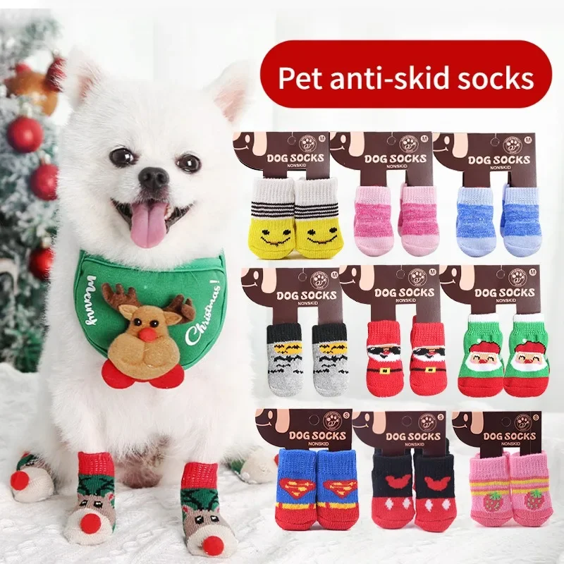 

Winter Warm Dog Socks Cute Cartoon Anti Slip Skid Pet Shoes Socks 4Pcs Soft Breathable Paw Protector for Small Puppy Cat Dogs