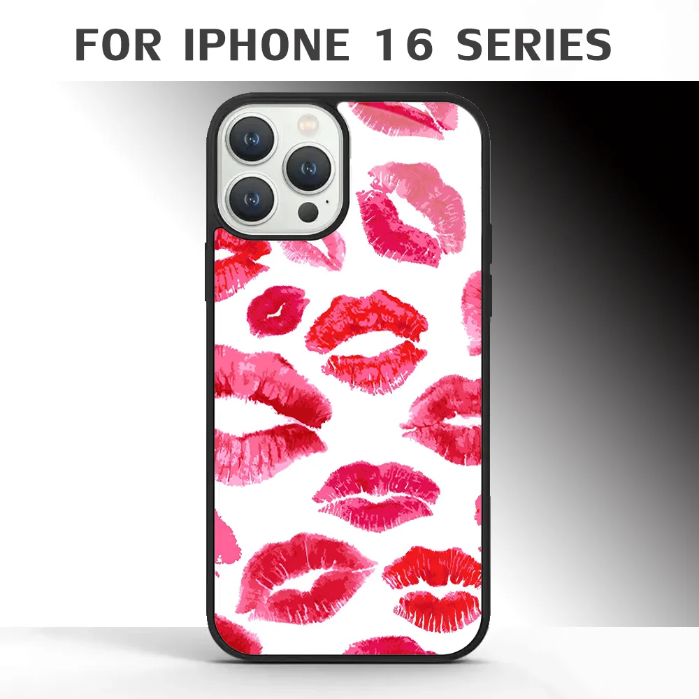 เคสโทรศัพท์ลาย Kisses LIPS สีแดงสำหรับ iPhone 16 16pro 16PLUS 16PROMAX Pro Plus MAX กระจกอะคริลิคฝาครอบ TPU