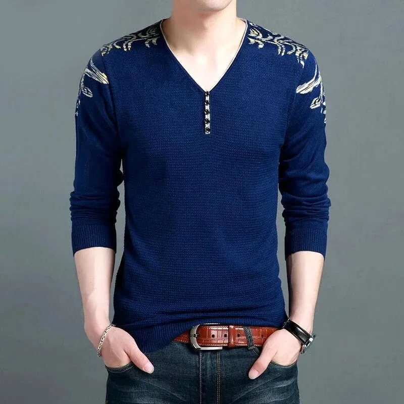 2023 Spring and Autumn Men\'s Pullover V-neck Button Printed Casual Fashion Elegant Commuter Long sleeved Knitted Bottom Shirt