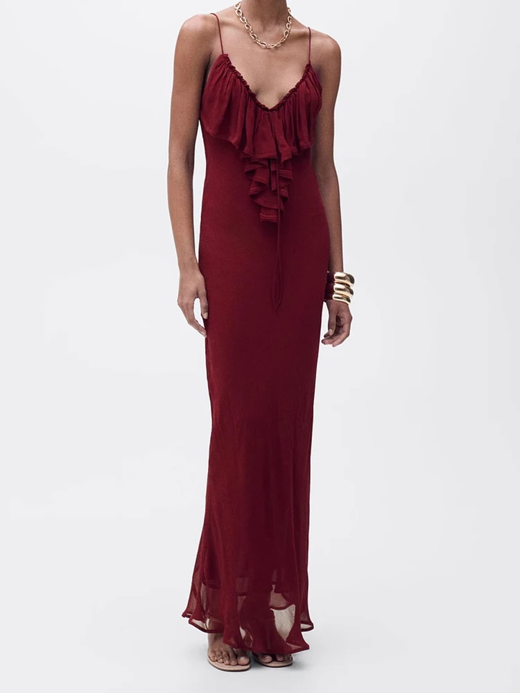 

European and American style women's clothing new style fashionable temperament ruffled sling long V-neck dress