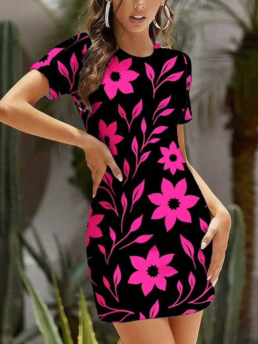 

Floral Print Short Sleeve Bodycon Dress Pink Flowers On Black Summer Women Leisure Dress